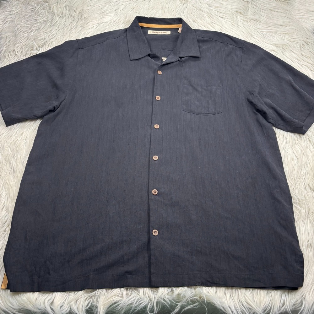 Tommy Bahama Men's XL Black Silk Embroidered Hawaiian Shirt Football Long Island - Picture 3 of 4
